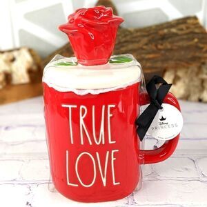 Rae Dunn TRUE LOVE Disney Princess Red Ceramic Mug w/ Rose Topper
